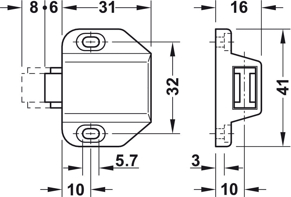 Mag.pressure catch 1 wing,black, for glass doors
