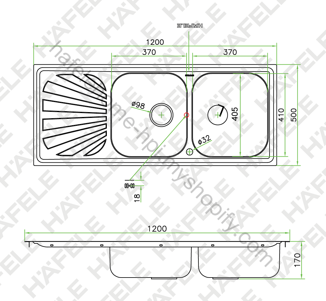 Kitchen Sink, Double Bowl with Drainboard