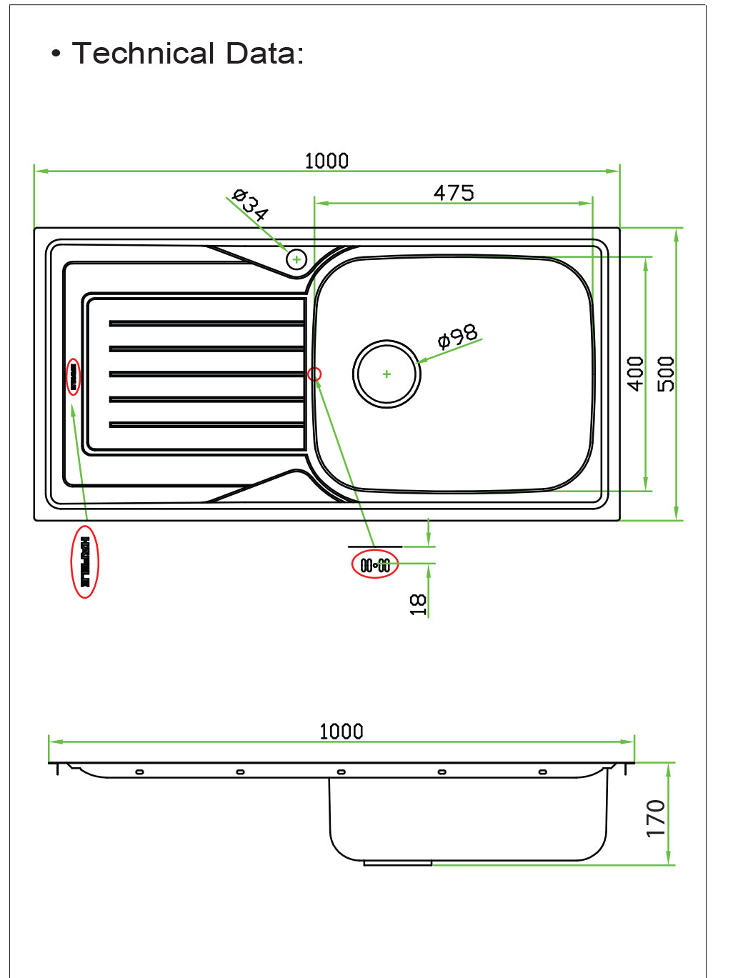 Kitchen Sink Single Bowl with Drainboard