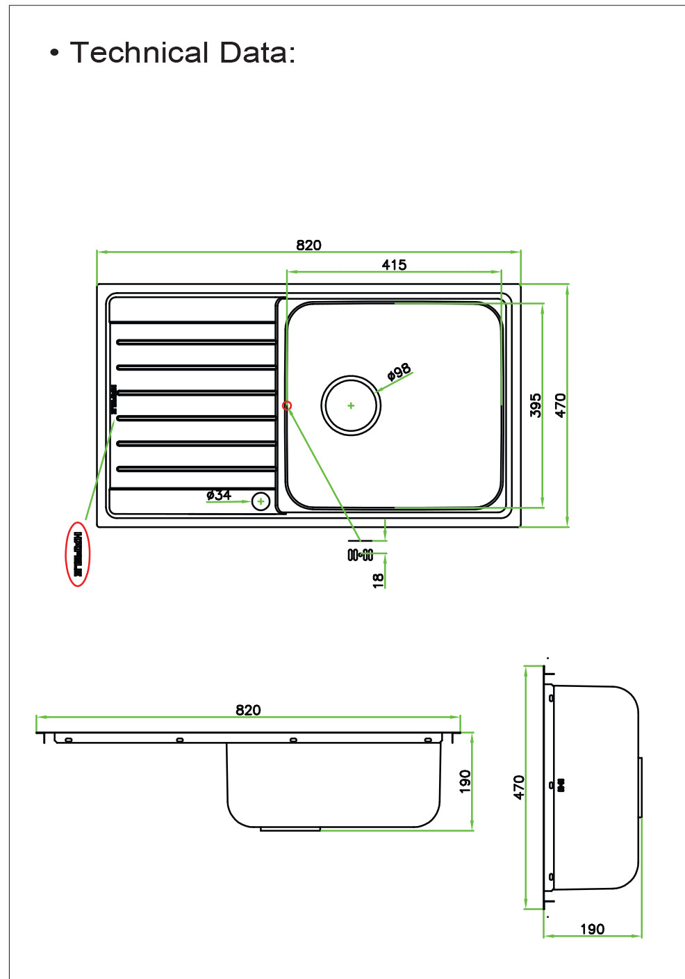 Kitchen Sink Single Bowl with Drainboard