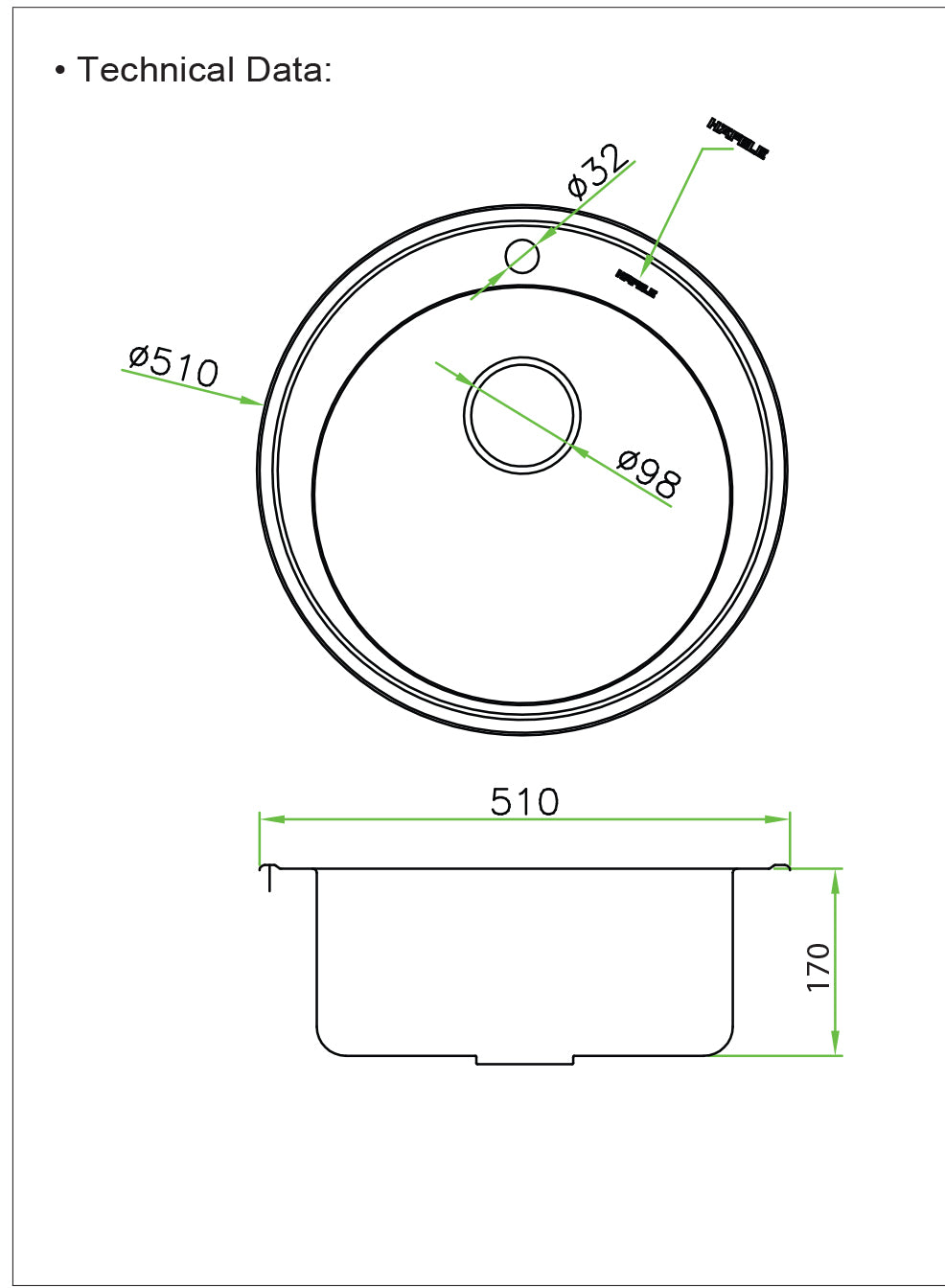 Kitchen Sink Single Bowl, Round With Tap Hole