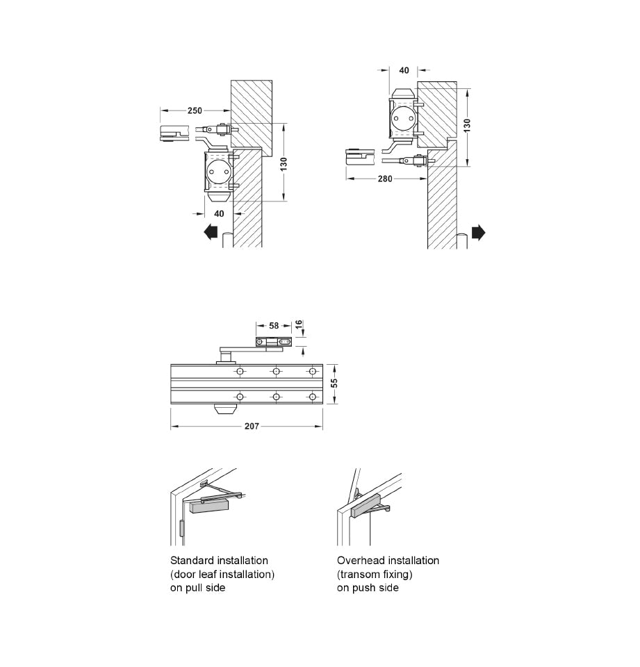Overhead Door Closers – Startec With arm assembly, DCL 15, DCL 16 EN 2–4
