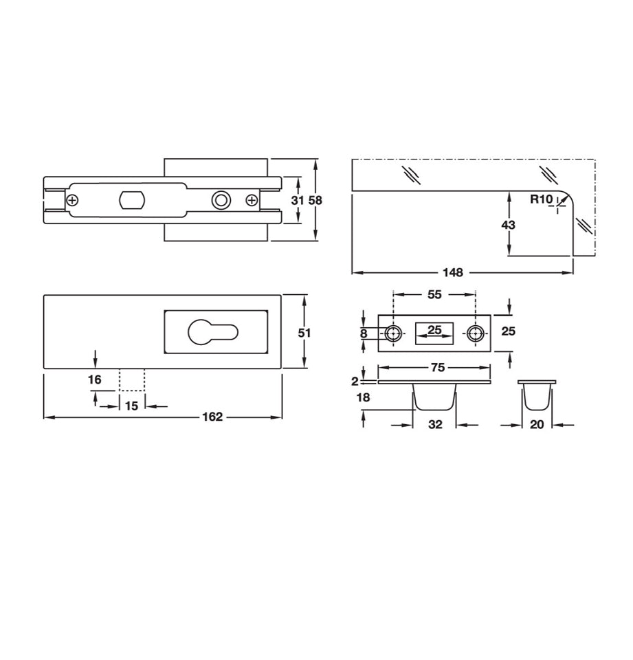 Corner patch lock with PC aperture with double cylinder 60mm