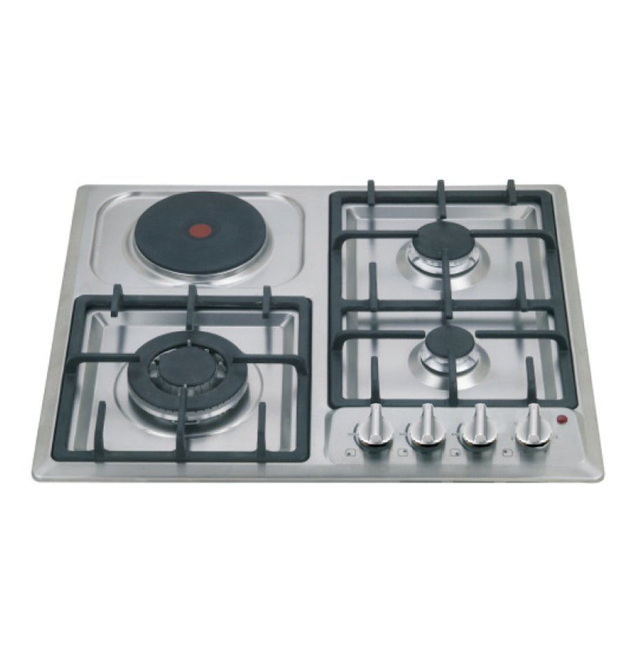 3 burner Gas Hob and 1 zone Electric Hotplate with Knob Control St.st